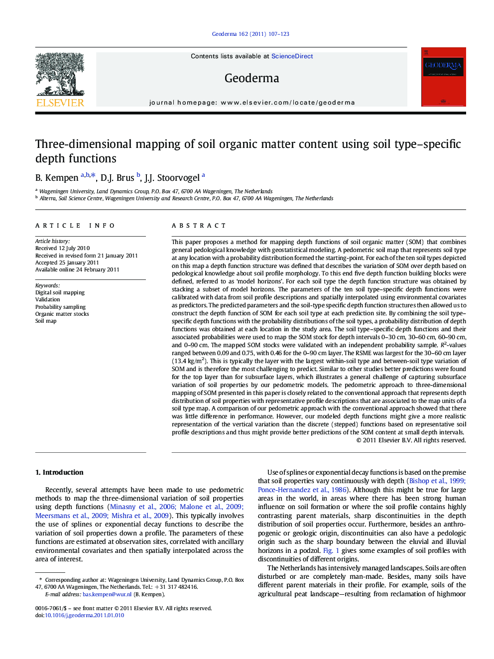 Three-dimensional mapping of soil organic matter content using soil type–specific depth functions