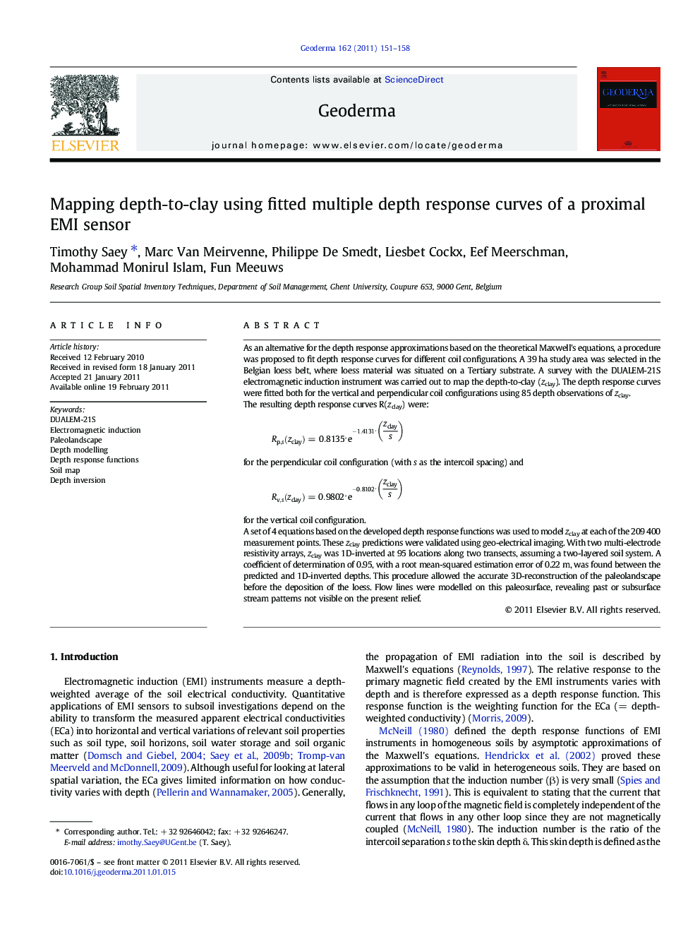 Mapping depth-to-clay using fitted multiple depth response curves of a proximal EMI sensor