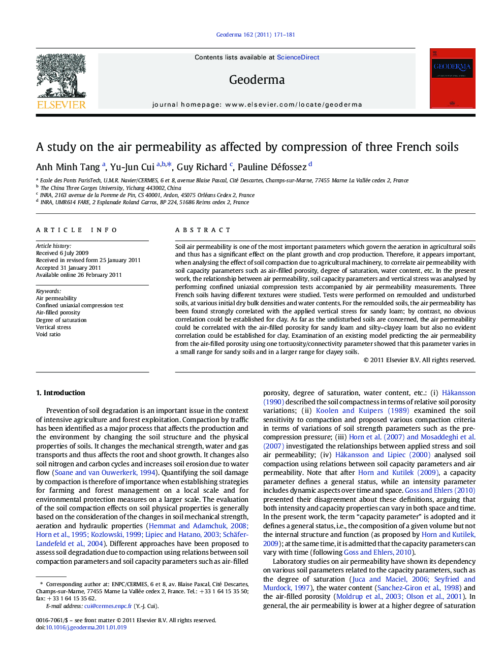 A study on the air permeability as affected by compression of three French soils