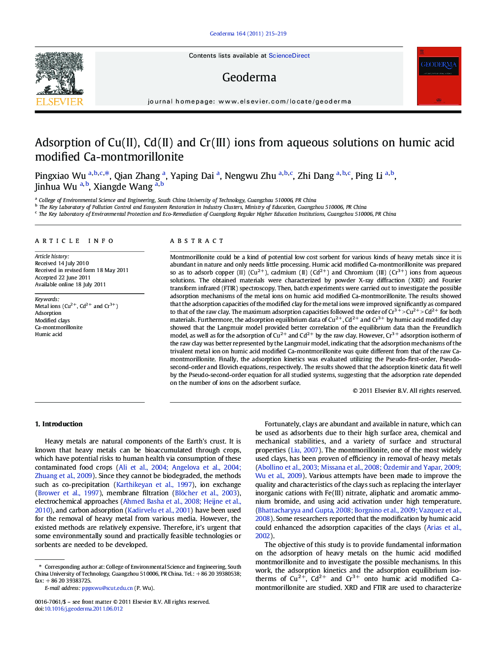 Adsorption of Cu(II), Cd(II) and Cr(III) ions from aqueous solutions on humic acid modified Ca-montmorillonite