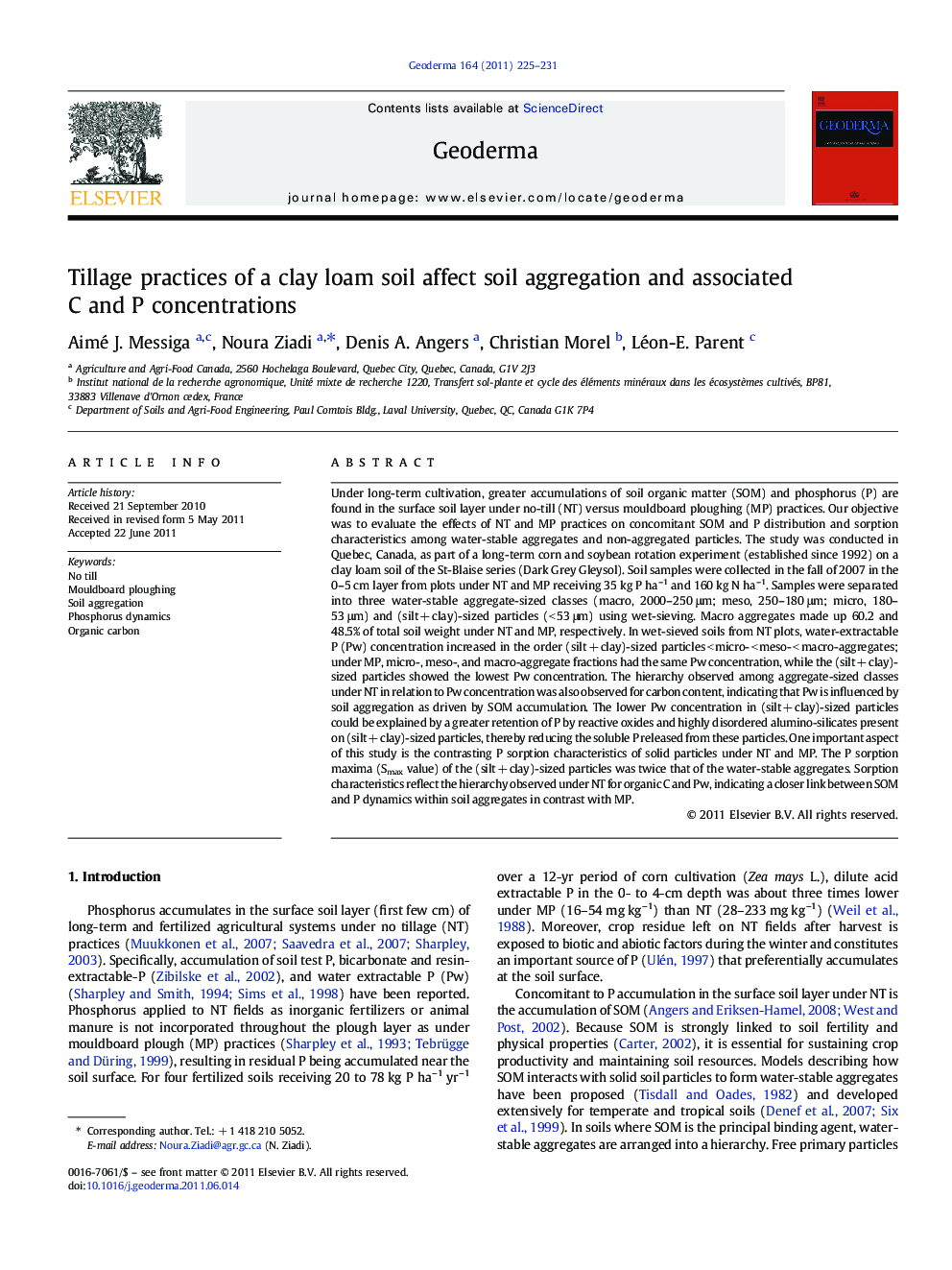 Tillage practices of a clay loam soil affect soil aggregation and associated C and P concentrations