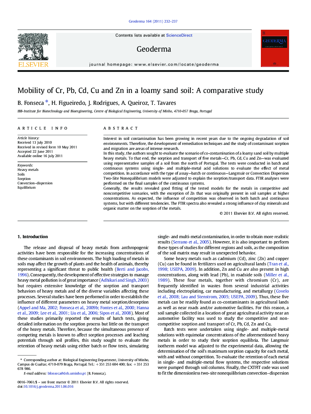 Mobility of Cr, Pb, Cd, Cu and Zn in a loamy sand soil: A comparative study