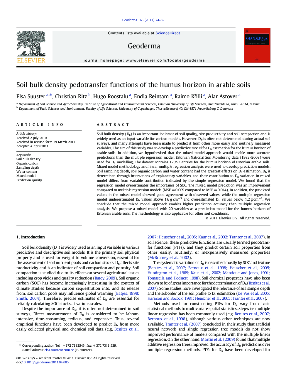 Soil bulk density pedotransfer functions of the humus horizon in arable soils