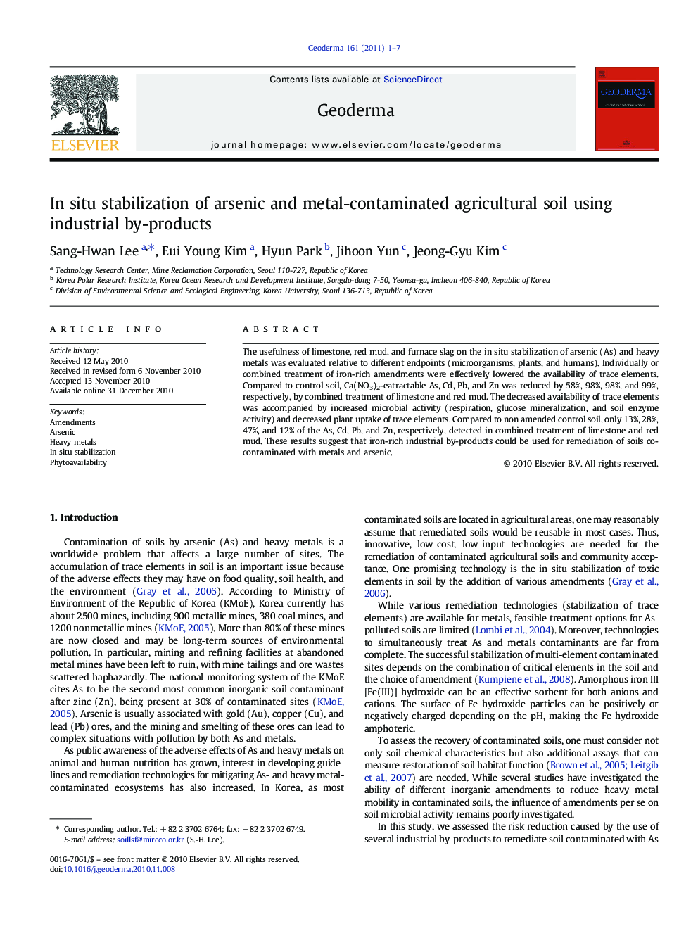 In situ stabilization of arsenic and metal-contaminated agricultural soil using industrial by-products