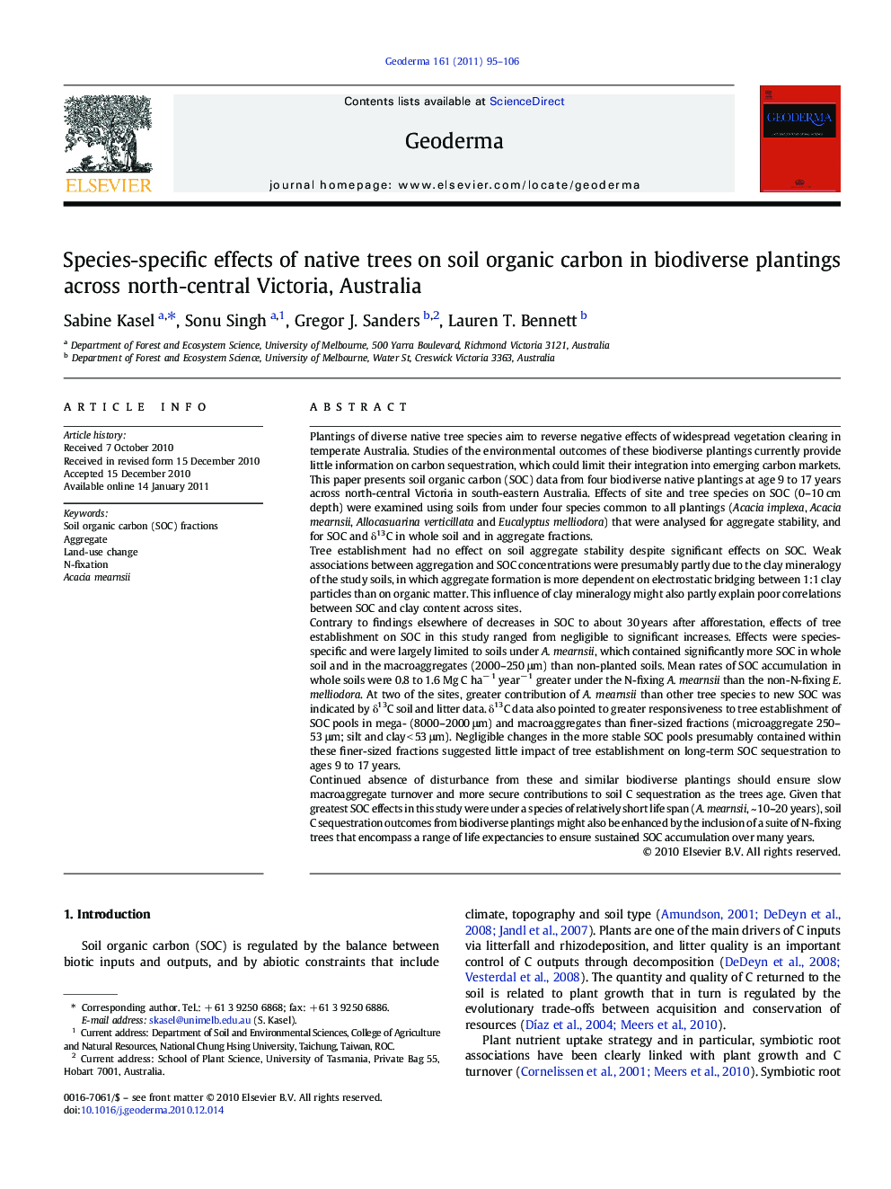 Species-specific effects of native trees on soil organic carbon in biodiverse plantings across north-central Victoria, Australia