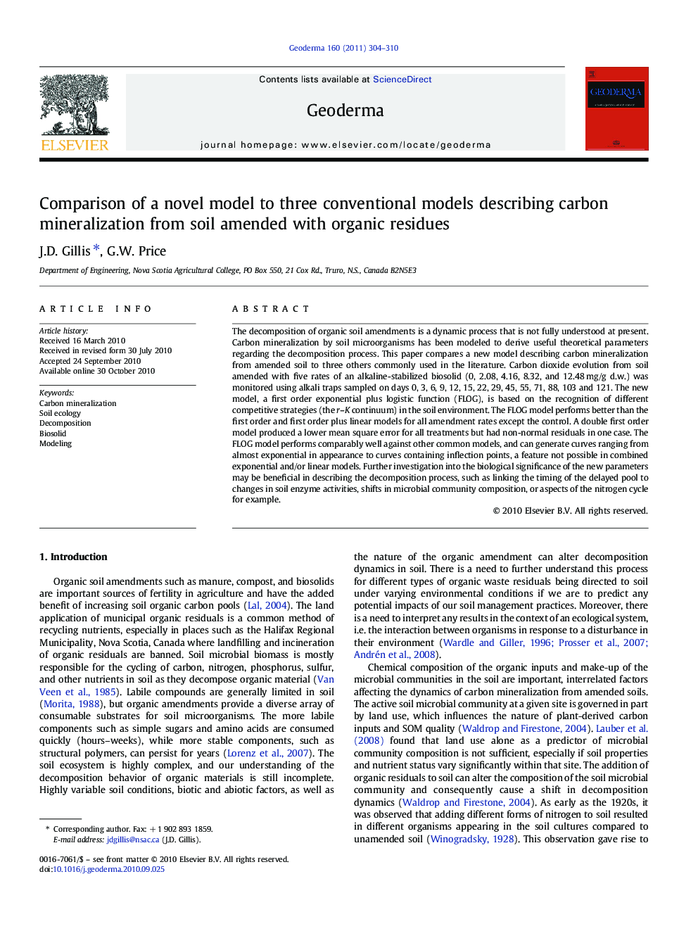 Comparison of a novel model to three conventional models describing carbon mineralization from soil amended with organic residues