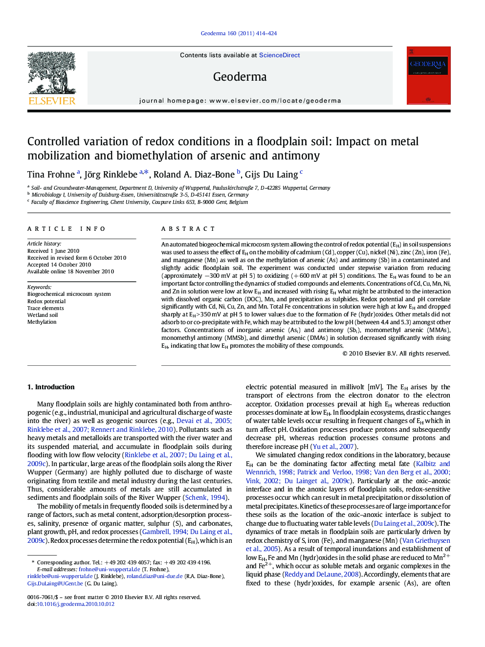 Controlled variation of redox conditions in a floodplain soil: Impact on metal mobilization and biomethylation of arsenic and antimony