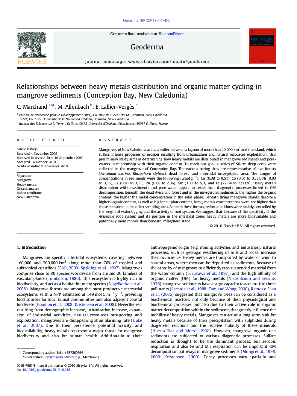 Relationships between heavy metals distribution and organic matter cycling in mangrove sediments (Conception Bay, New Caledonia)