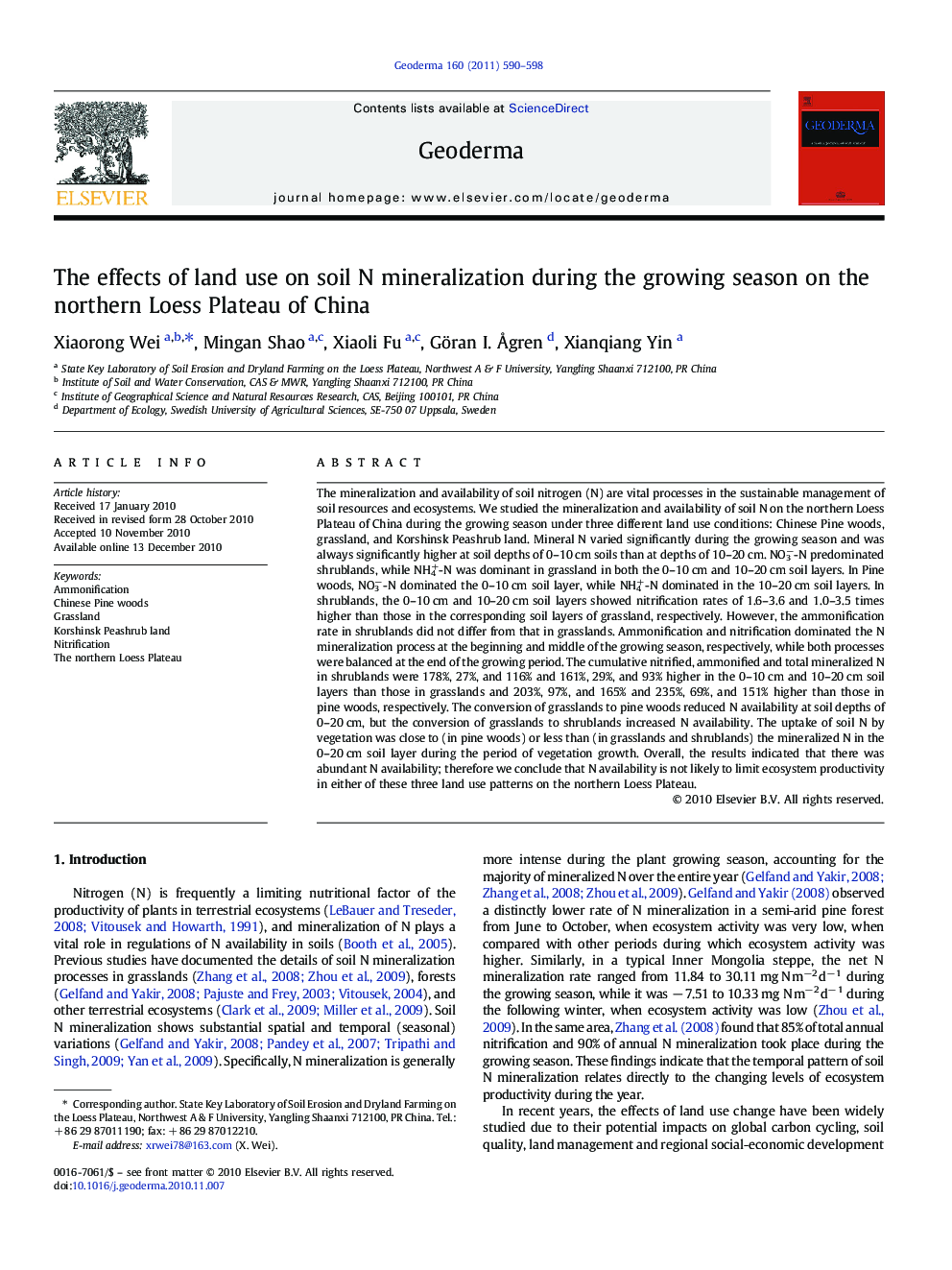 The effects of land use on soil N mineralization during the growing season on the northern Loess Plateau of China