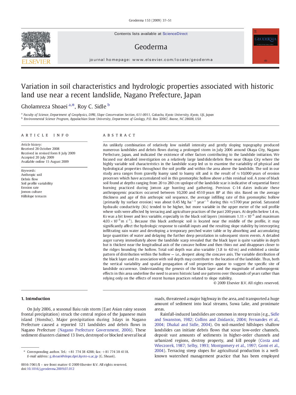 Variation in soil characteristics and hydrologic properties associated with historic land use near a recent landslide, Nagano Prefecture, Japan