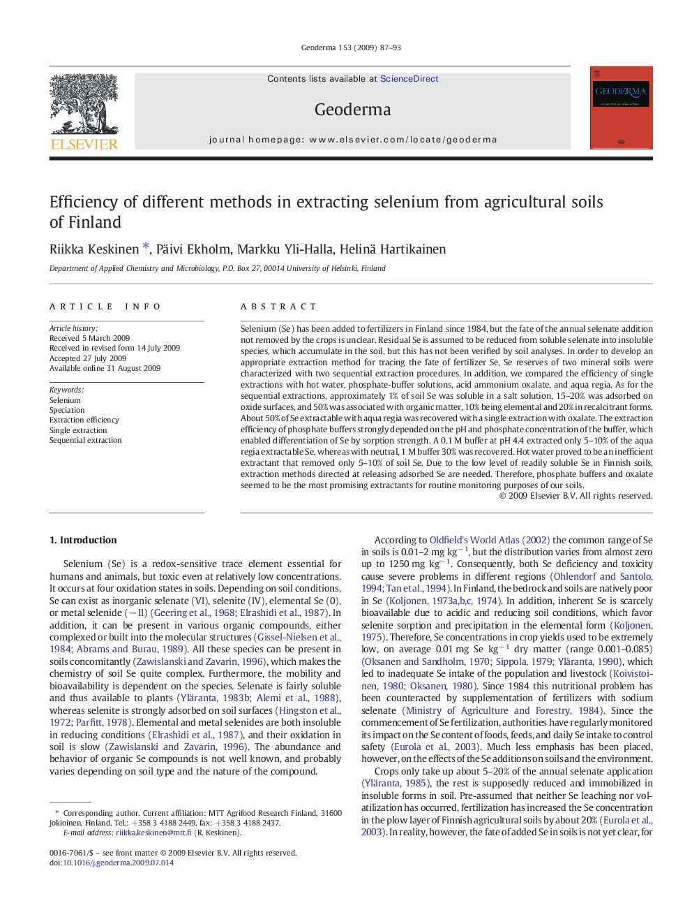 Efficiency of different methods in extracting selenium from agricultural soils of Finland