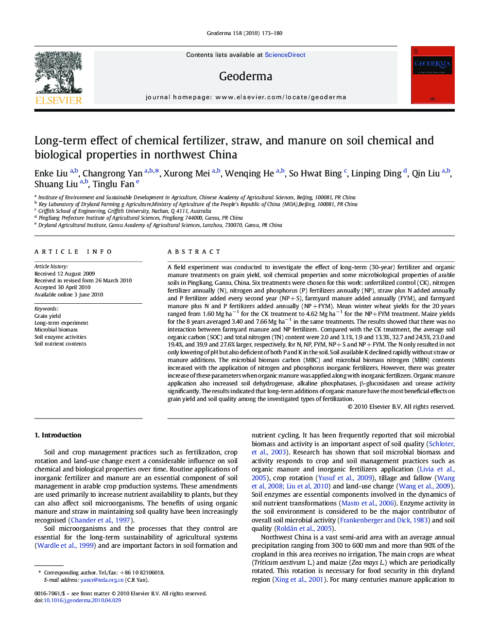 Long-term effect of chemical fertilizer, straw, and manure on soil chemical and biological properties in northwest China