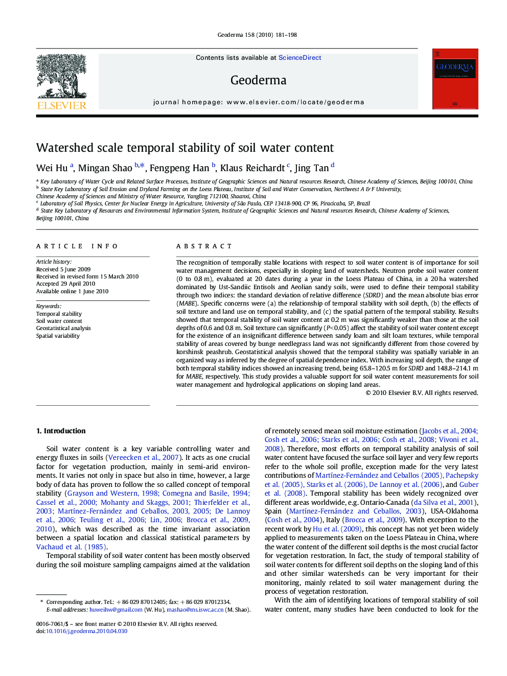 عکس صفحه اول مقاله: Watershed scale temporal stability of soil water content Watershed scale temporal stability of soil water content