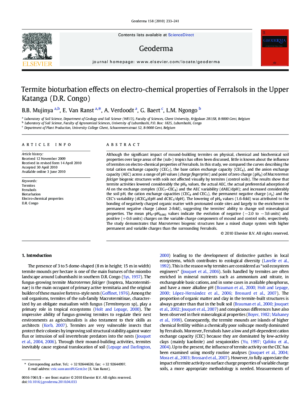 Termite bioturbation effects on electro-chemical properties of Ferralsols in the Upper Katanga (D.R. Congo)