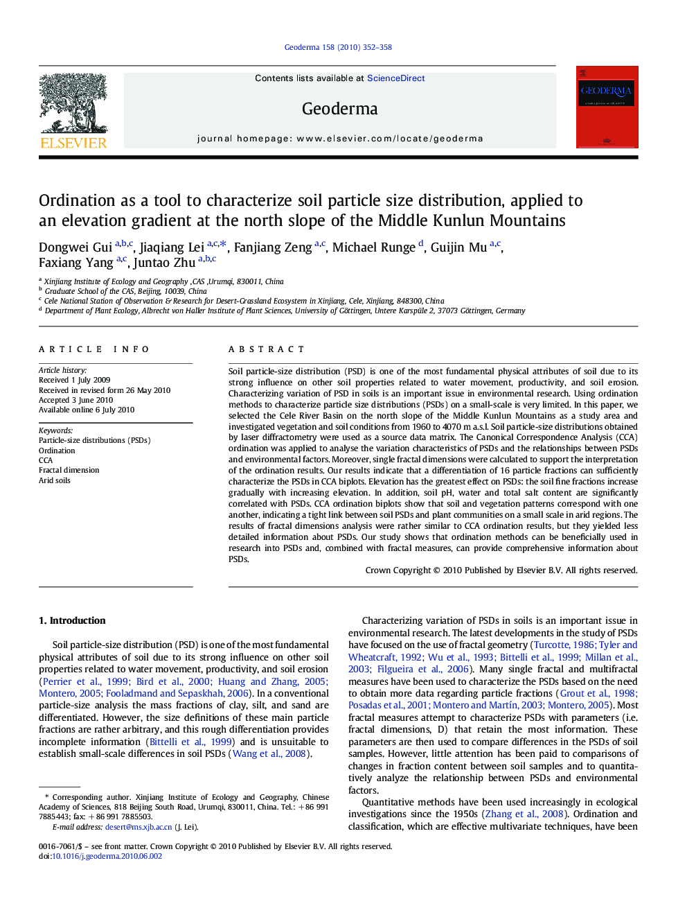 Ordination as a tool to characterize soil particle size distribution, applied to an elevation gradient at the north slope of the Middle Kunlun Mountains