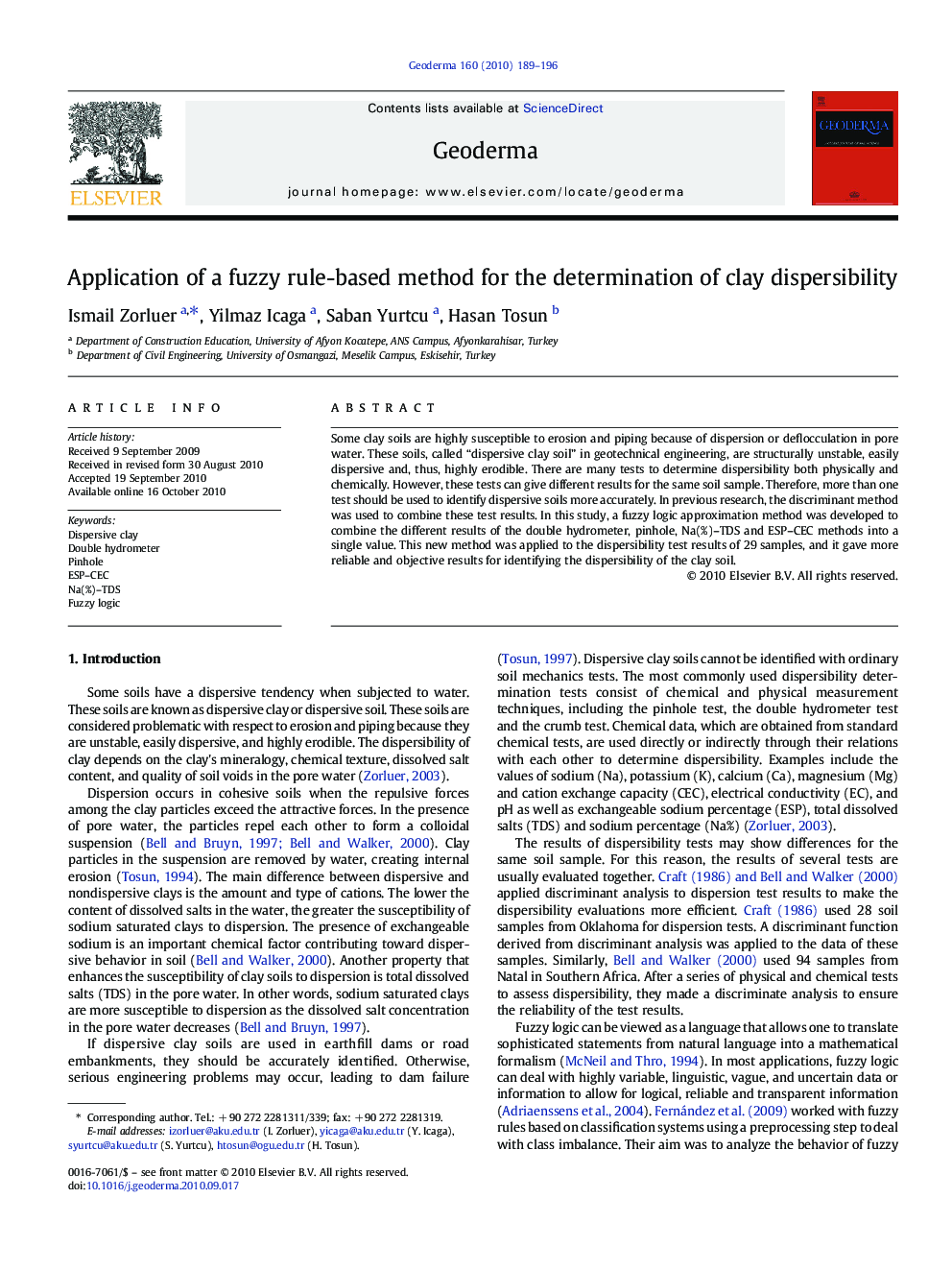 Application of a fuzzy rule-based method for the determination of clay dispersibility