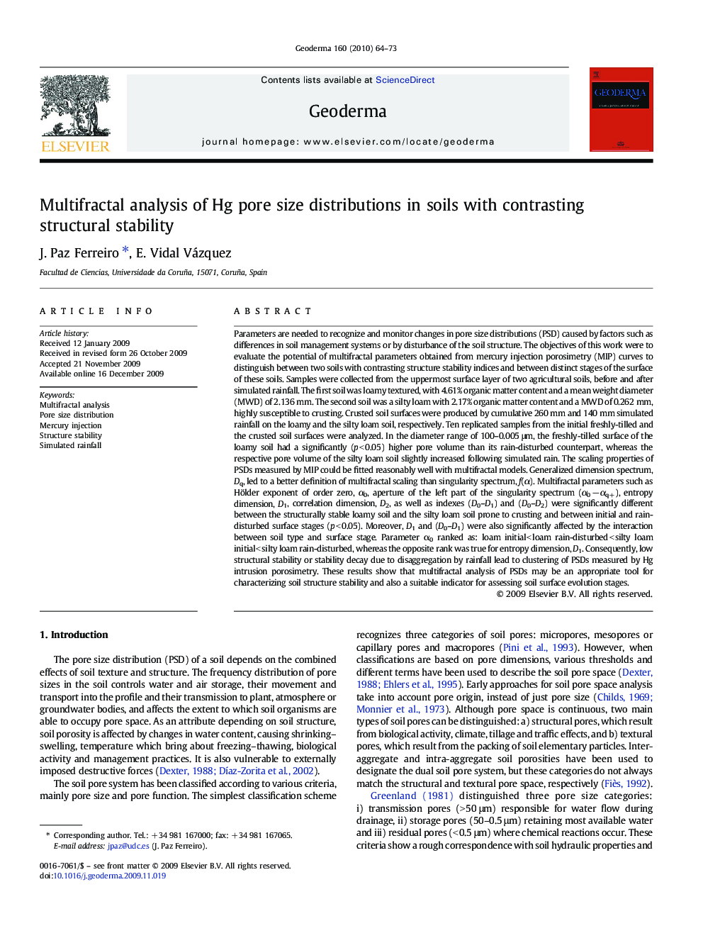 Multifractal analysis of Hg pore size distributions in soils with contrasting structural stability