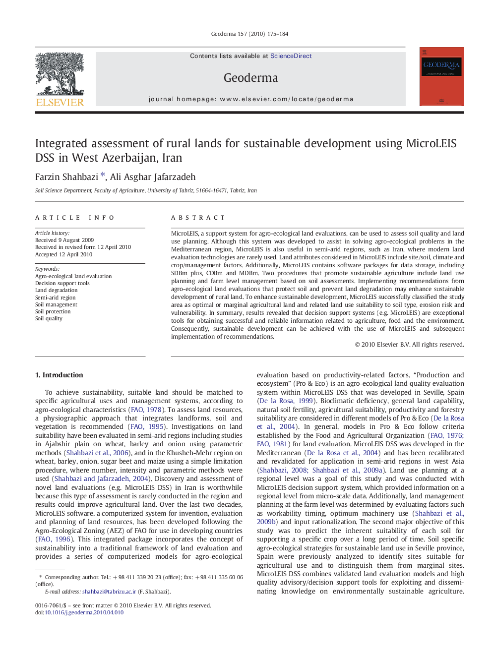 Integrated assessment of rural lands for sustainable development using MicroLEIS DSS in West Azerbaijan, Iran