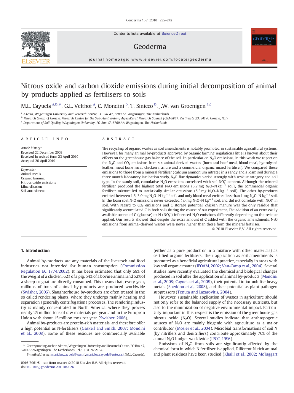 Nitrous oxide and carbon dioxide emissions during initial decomposition of animal by-products applied as fertilisers to soils