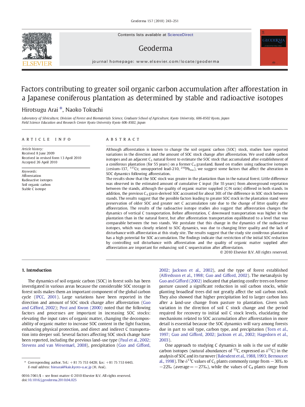 Factors contributing to greater soil organic carbon accumulation after afforestation in a Japanese coniferous plantation as determined by stable and radioactive isotopes