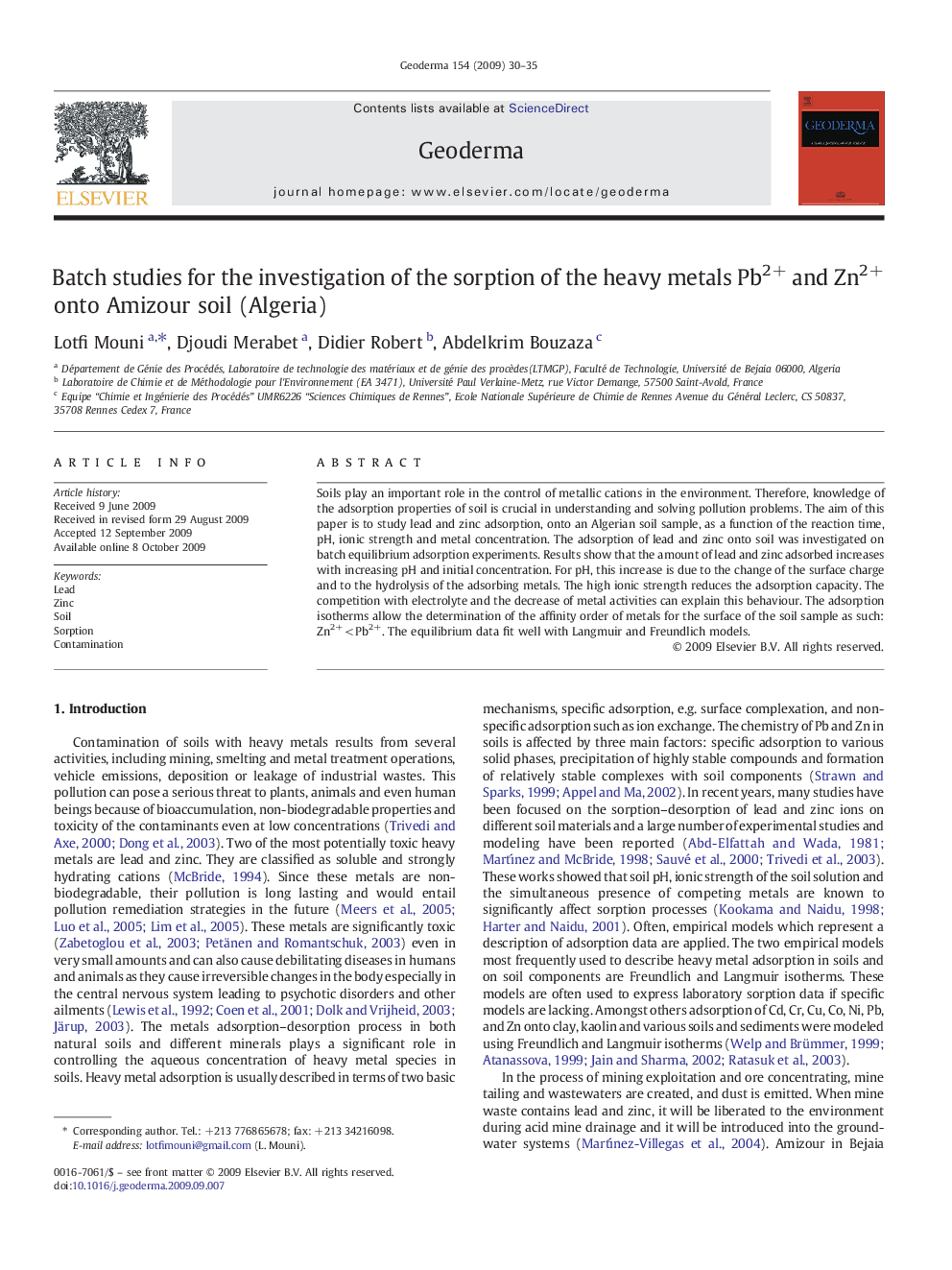 Batch studies for the investigation of the sorption of the heavy metals Pb2+ and Zn2+ onto Amizour soil (Algeria)