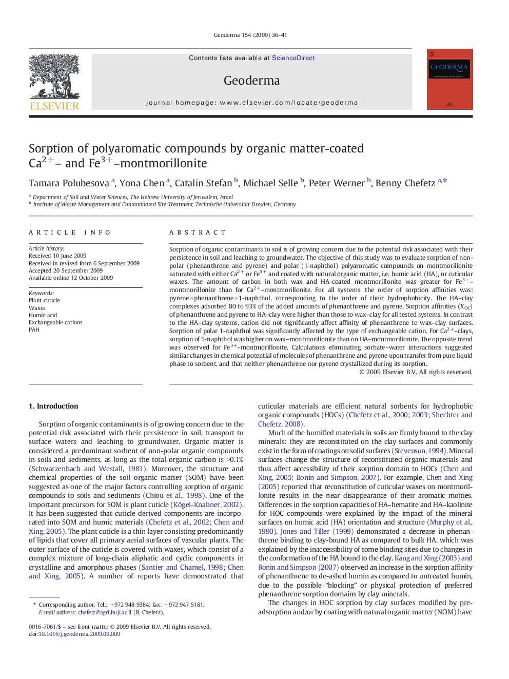 Sorption of polyaromatic compounds by organic matter-coated Ca2+– and Fe3+–montmorillonite