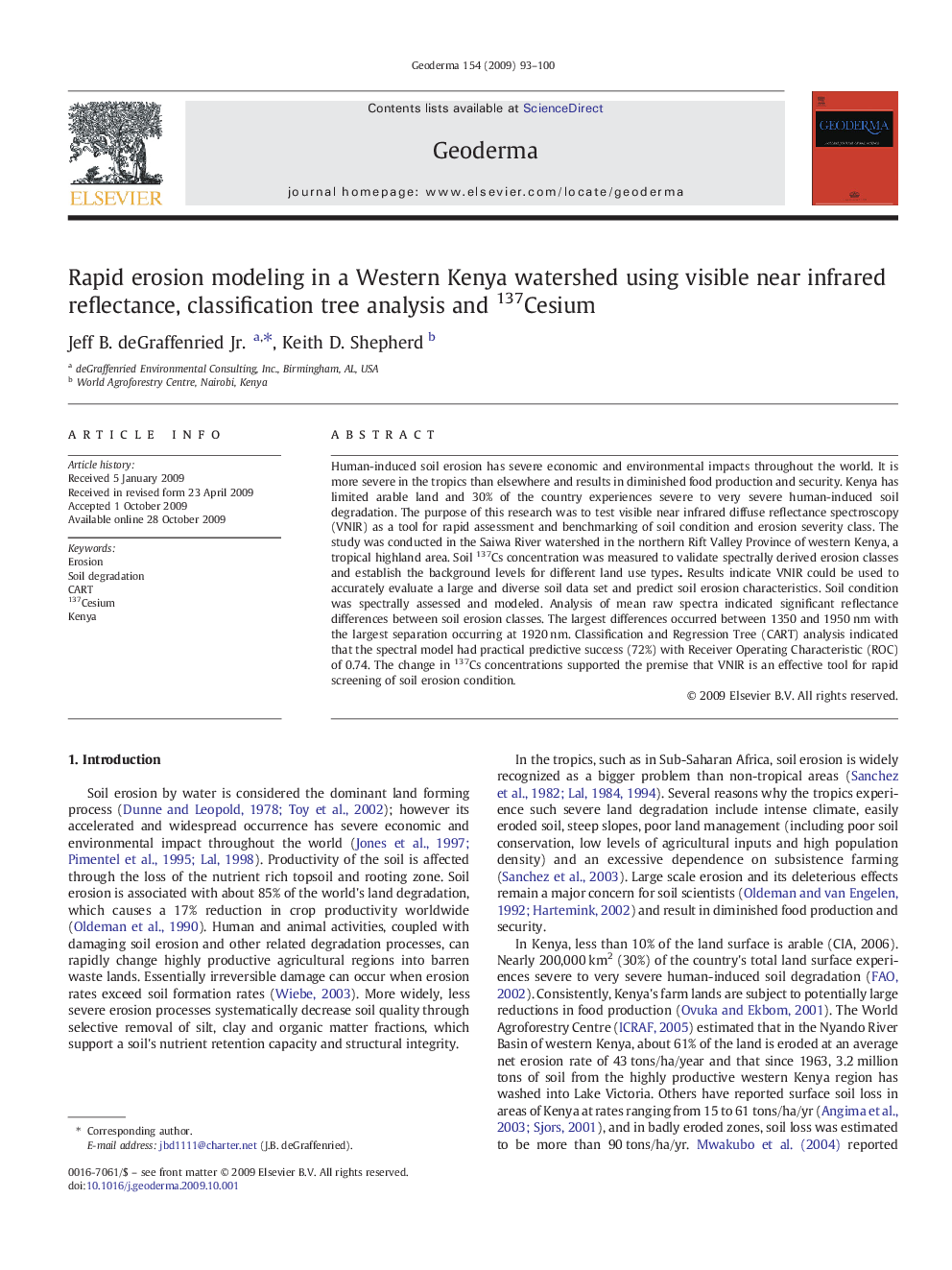 Rapid erosion modeling in a Western Kenya watershed using visible near infrared reflectance, classification tree analysis and 137Cesium