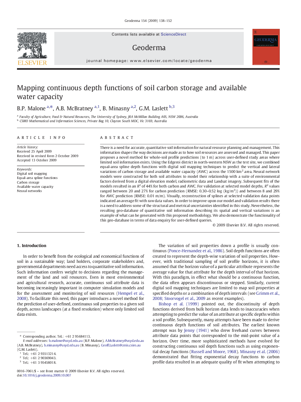 Mapping continuous depth functions of soil carbon storage and available water capacity