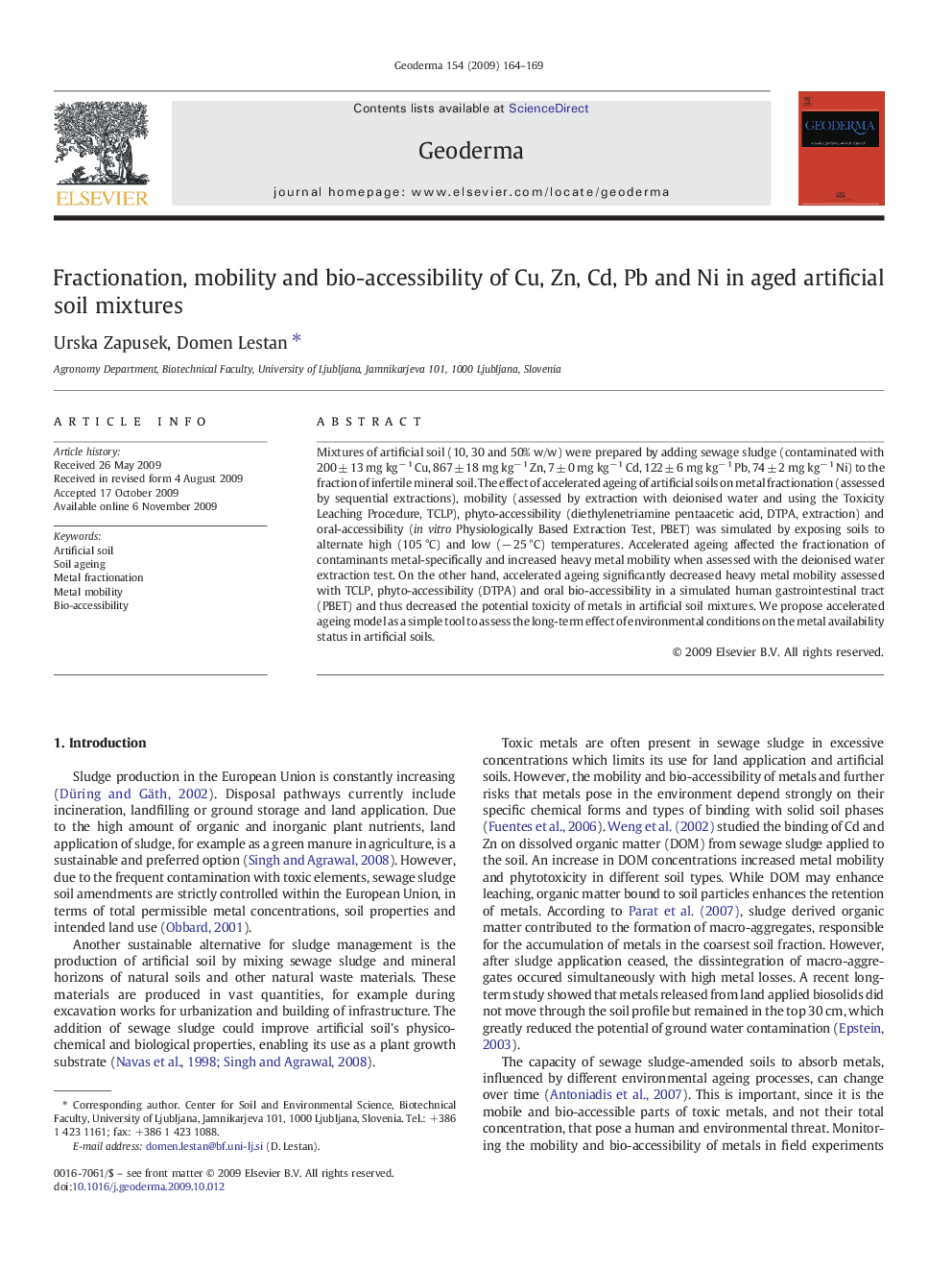 Fractionation, mobility and bio-accessibility of Cu, Zn, Cd, Pb and Ni in aged artificial soil mixtures