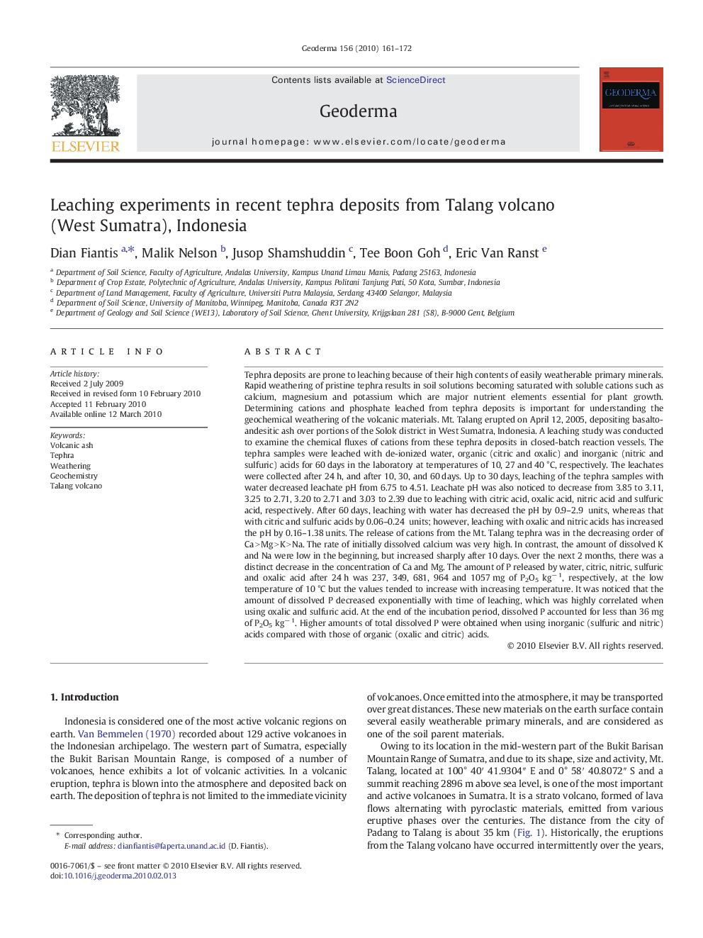 Leaching experiments in recent tephra deposits from Talang volcano (West Sumatra), Indonesia