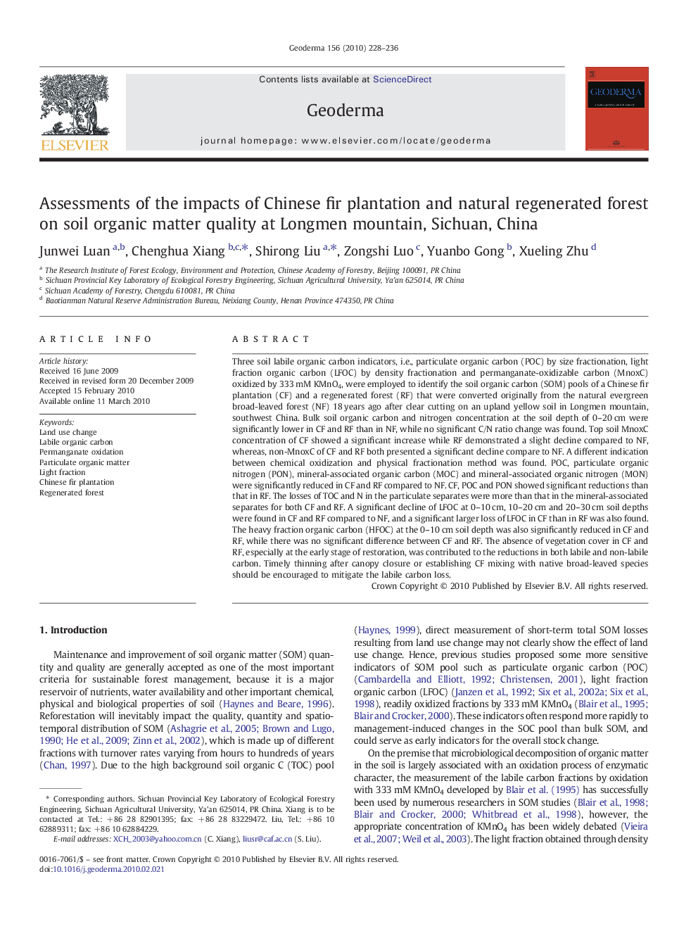 Assessments of the impacts of Chinese fir plantation and natural regenerated forest on soil organic matter quality at Longmen mountain, Sichuan, China