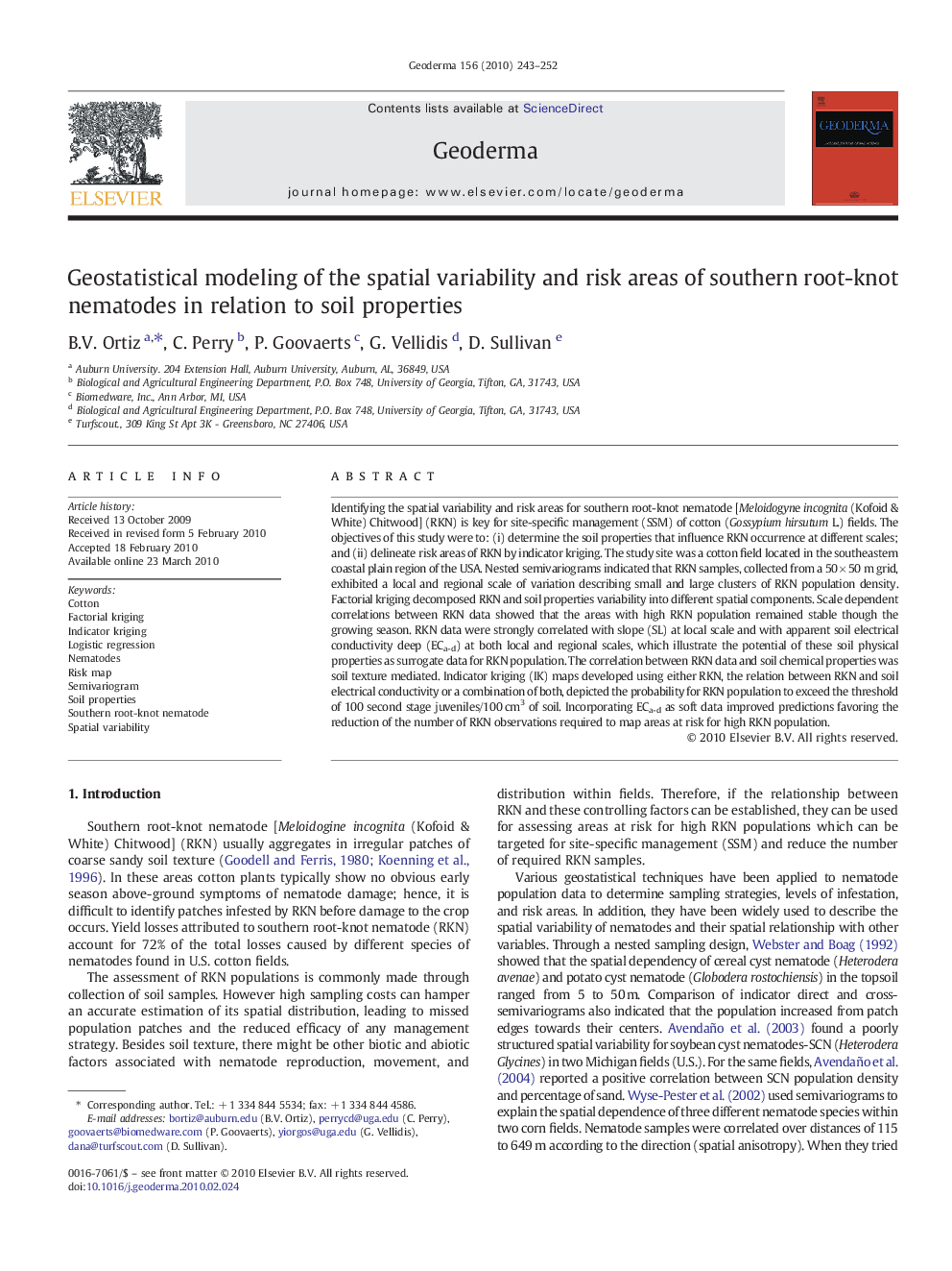 Geostatistical modeling of the spatial variability and risk areas of southern root-knot nematodes in relation to soil properties