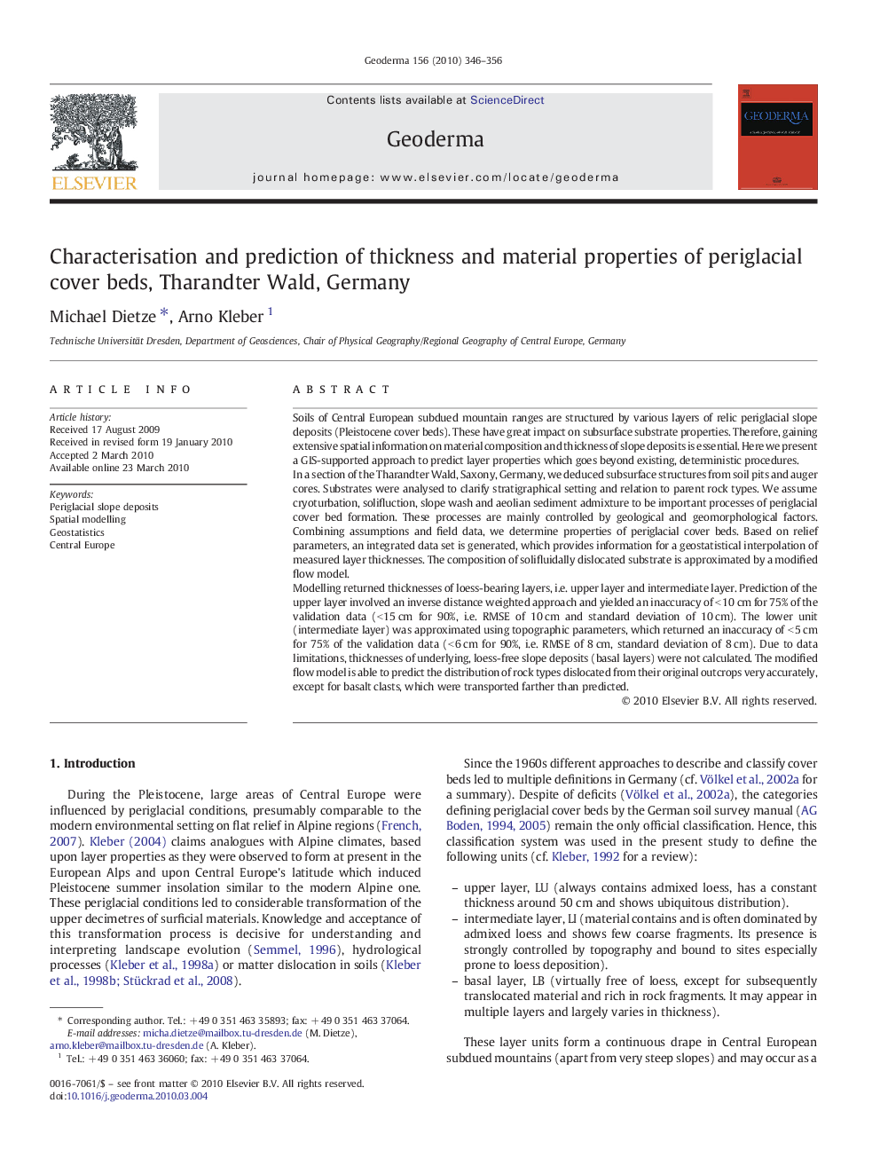 Characterisation and prediction of thickness and material properties of periglacial cover beds, Tharandter Wald, Germany