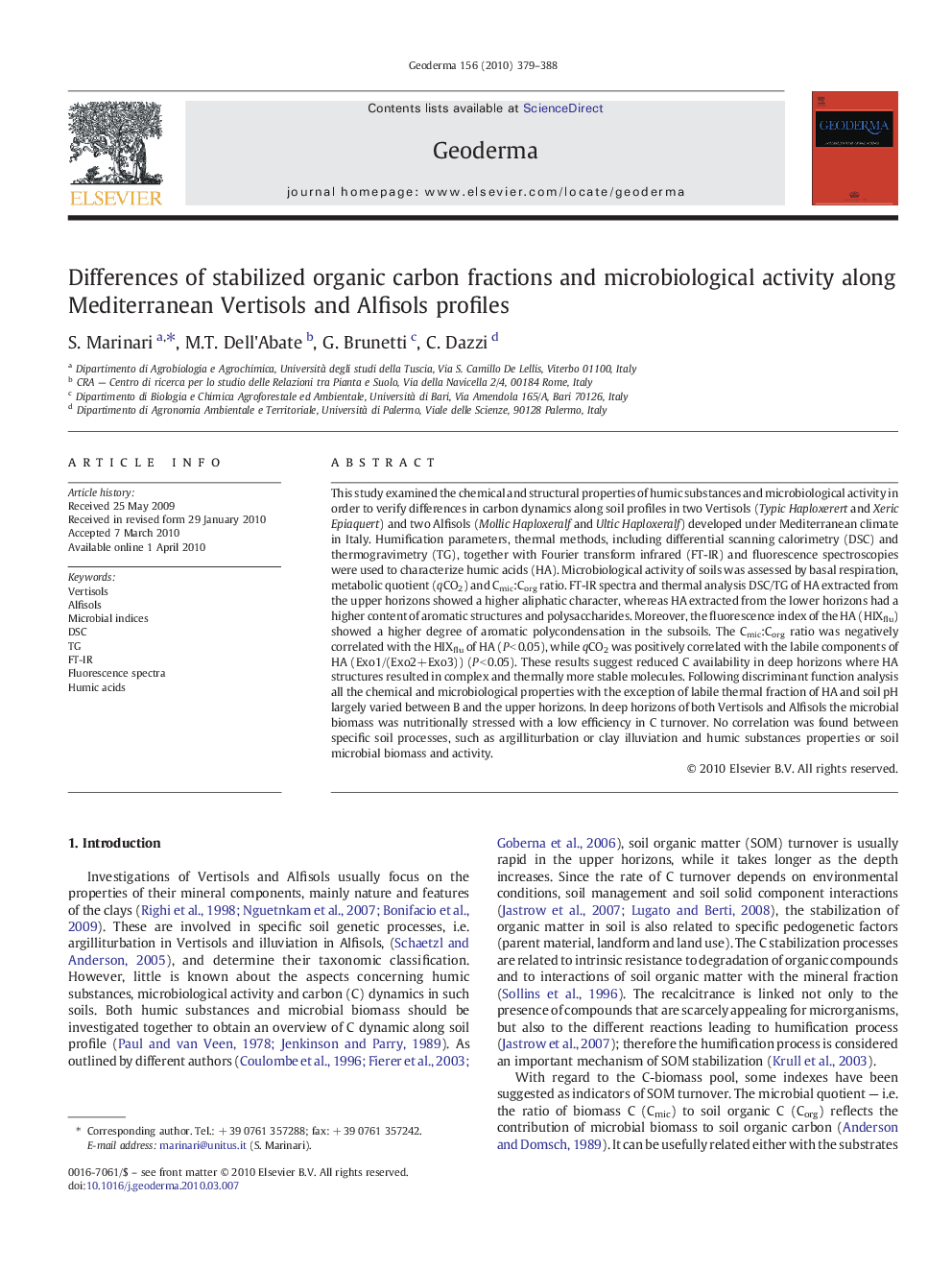 Differences of stabilized organic carbon fractions and microbiological activity along Mediterranean Vertisols and Alfisols profiles