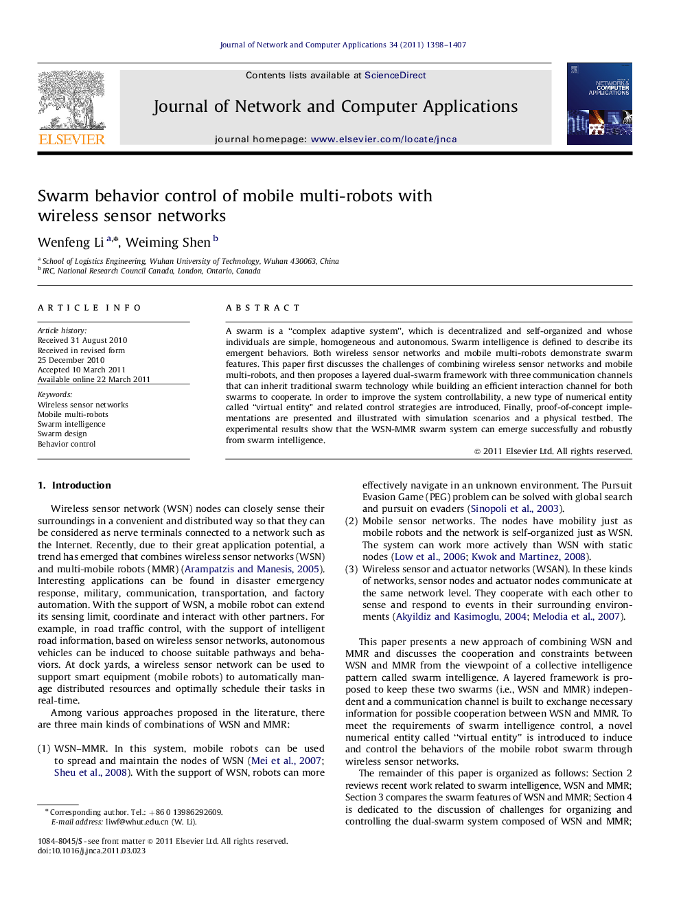 Swarm behavior control of mobile multi-robots with wireless sensor networks