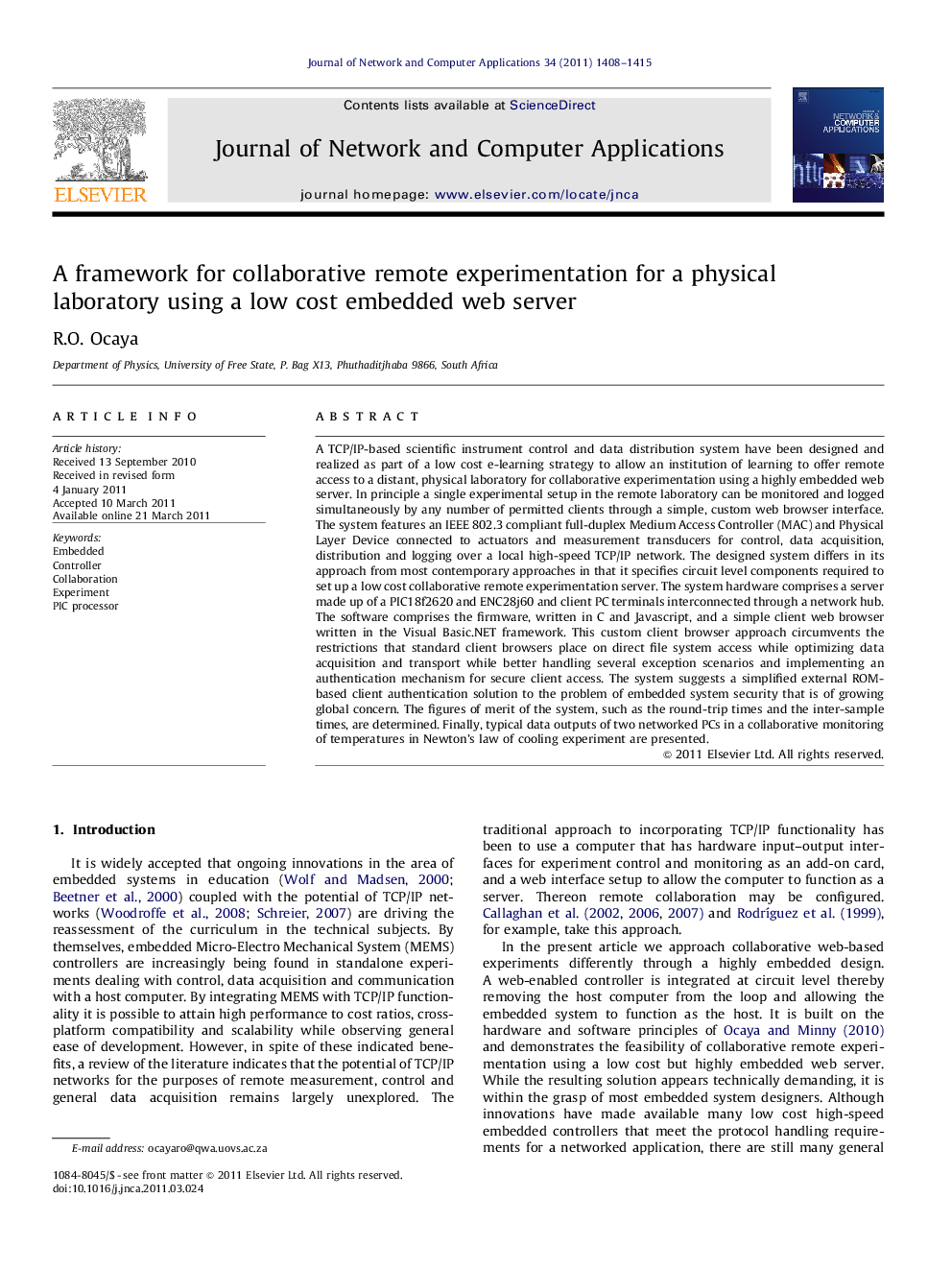 A framework for collaborative remote experimentation for a physical laboratory using a low cost embedded web server