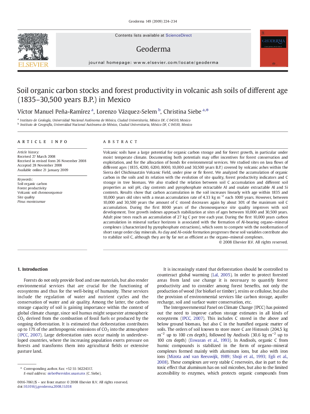 Soil organic carbon stocks and forest productivity in volcanic ash soils of different age (1835-30,500Â years B.P.) in Mexico