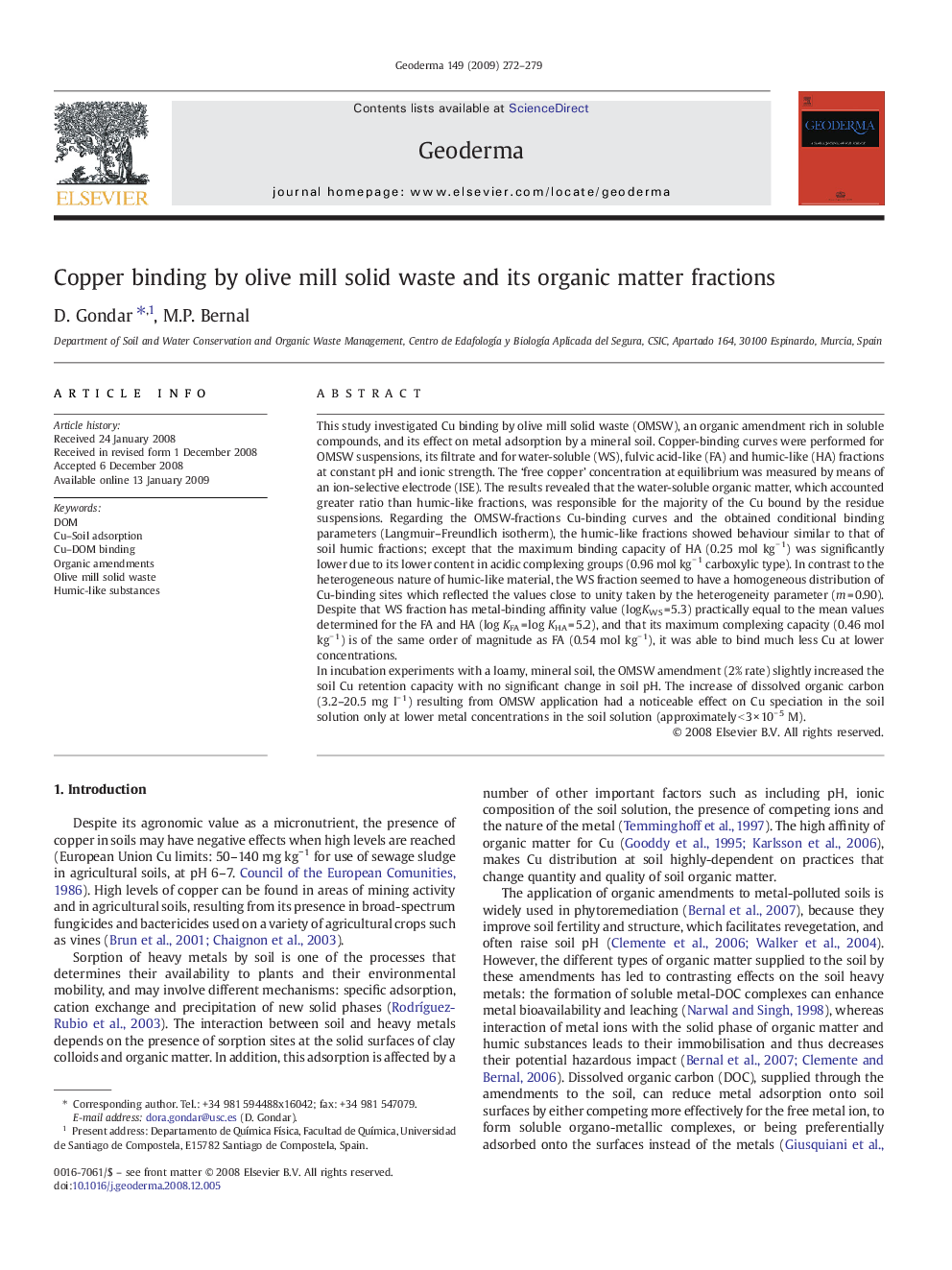 Copper binding by olive mill solid waste and its organic matter fractions