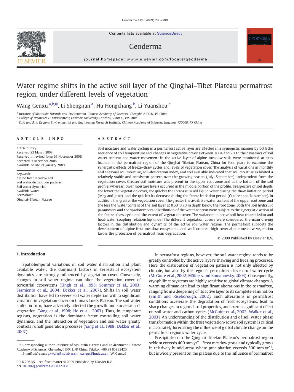 Water regime shifts in the active soil layer of the Qinghai–Tibet Plateau permafrost region, under different levels of vegetation