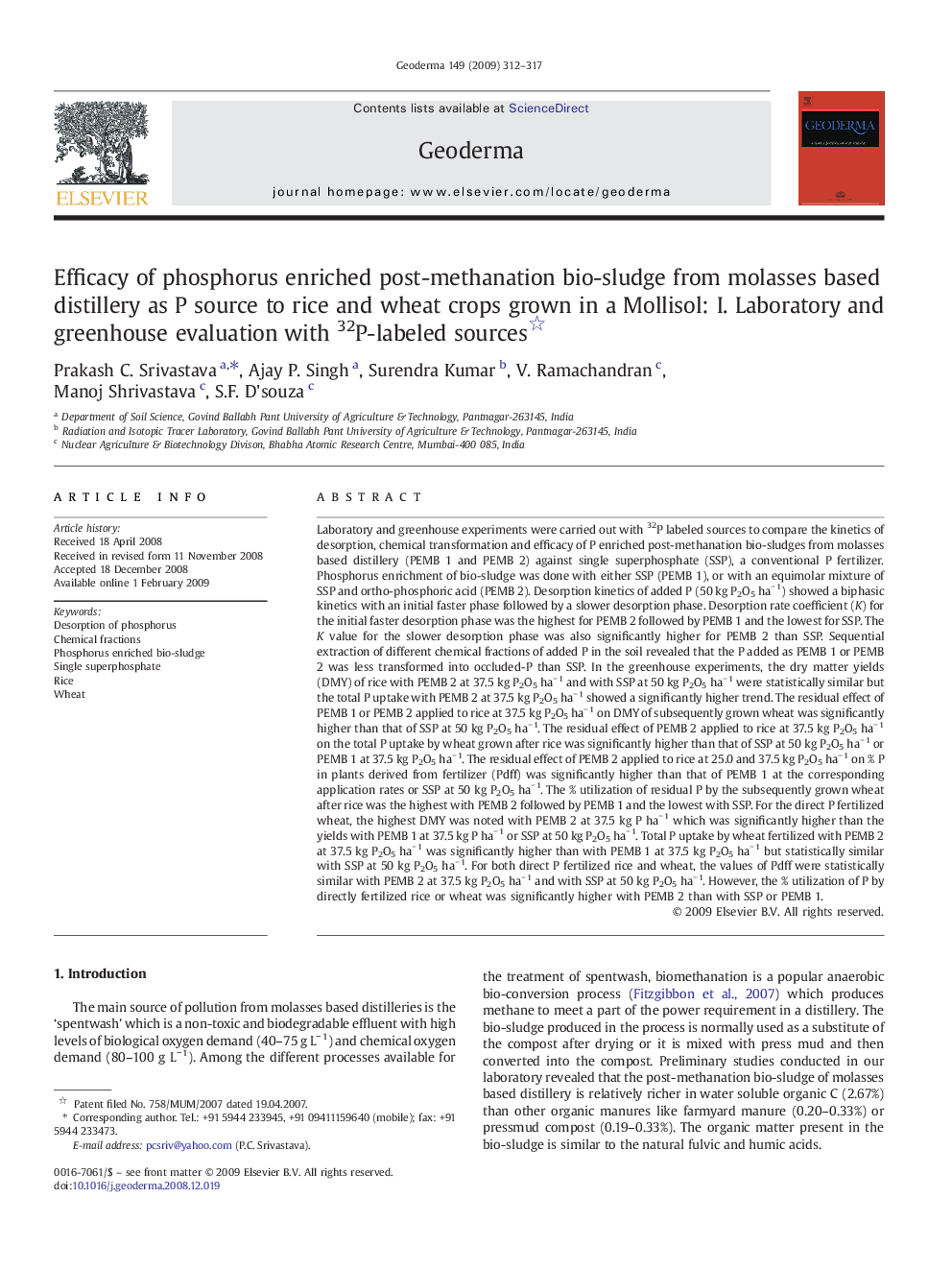 Efficacy of phosphorus enriched post-methanation bio-sludge from molasses based distillery as P source to rice and wheat crops grown in a Mollisol: I. Laboratory and greenhouse evaluation with 32P-labeled sources 