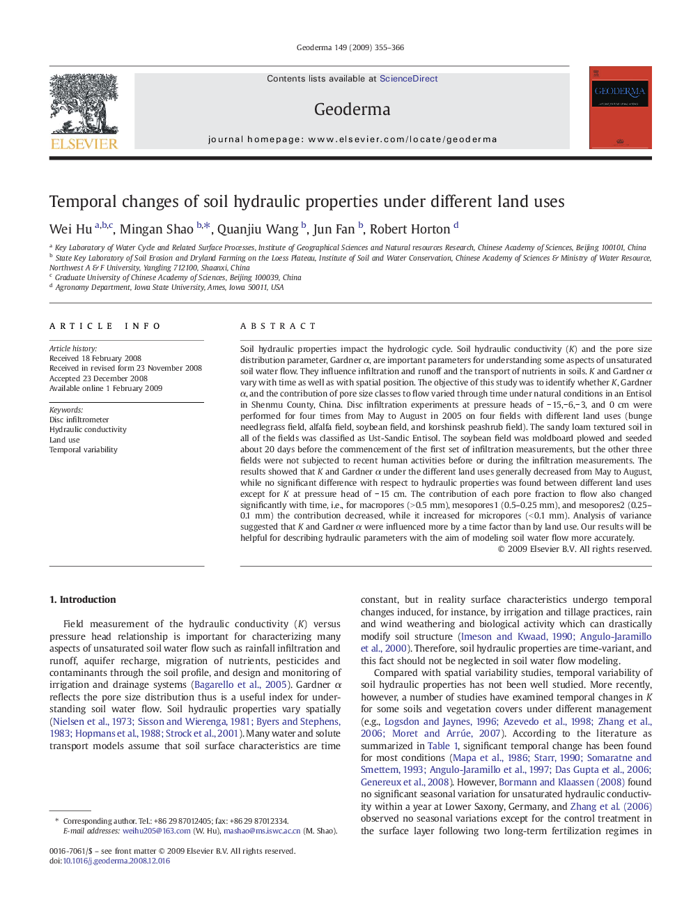 Temporal changes of soil hydraulic properties under different land uses