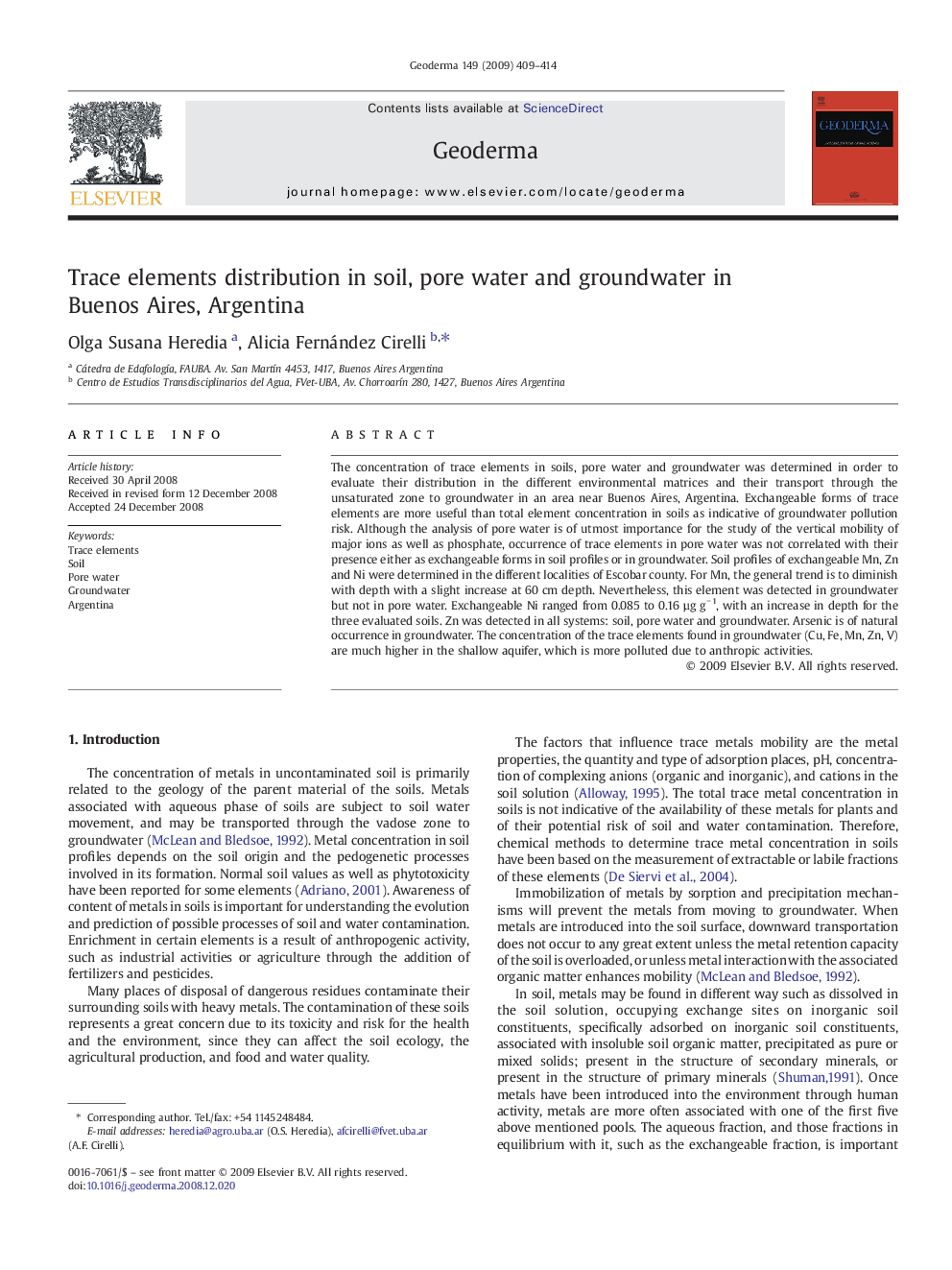 Trace elements distribution in soil, pore water and groundwater in Buenos Aires, Argentina