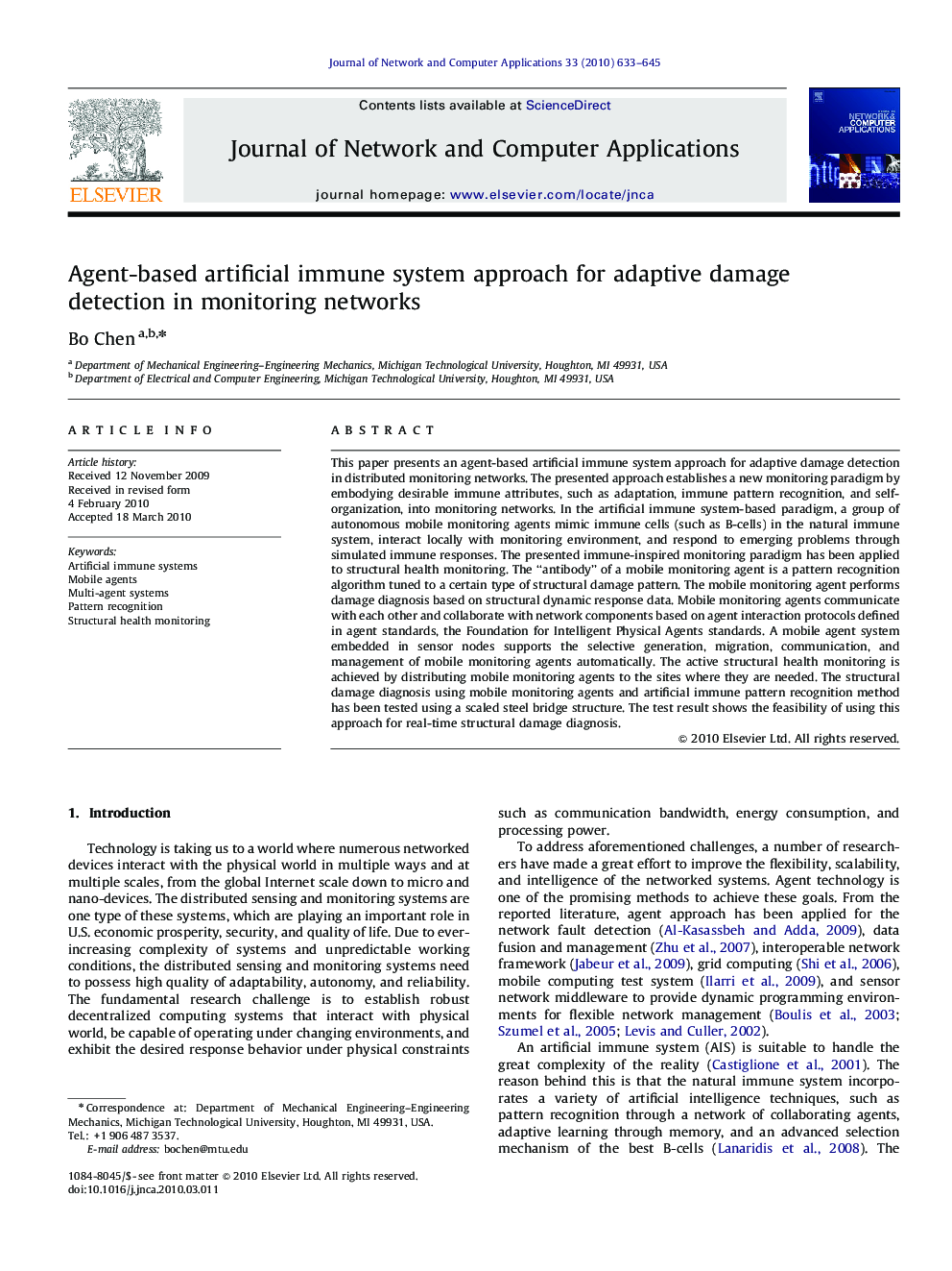 Agent-based artificial immune system approach for adaptive damage detection in monitoring networks