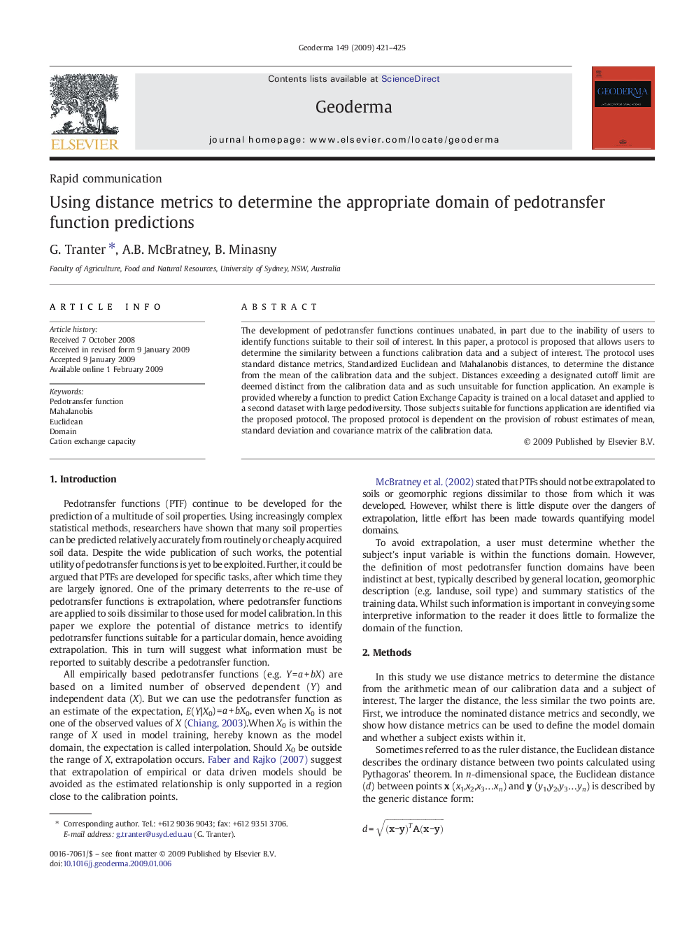 Using distance metrics to determine the appropriate domain of pedotransfer function predictions