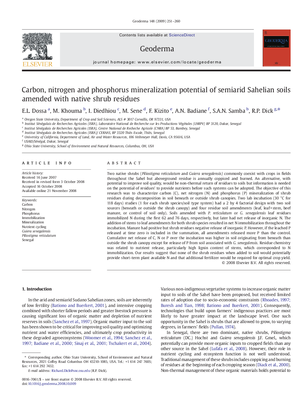 Carbon, nitrogen and phosphorus mineralization potential of semiarid Sahelian soils amended with native shrub residues