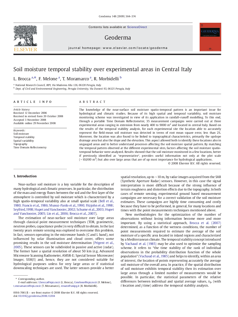 Soil moisture temporal stability over experimental areas in Central Italy