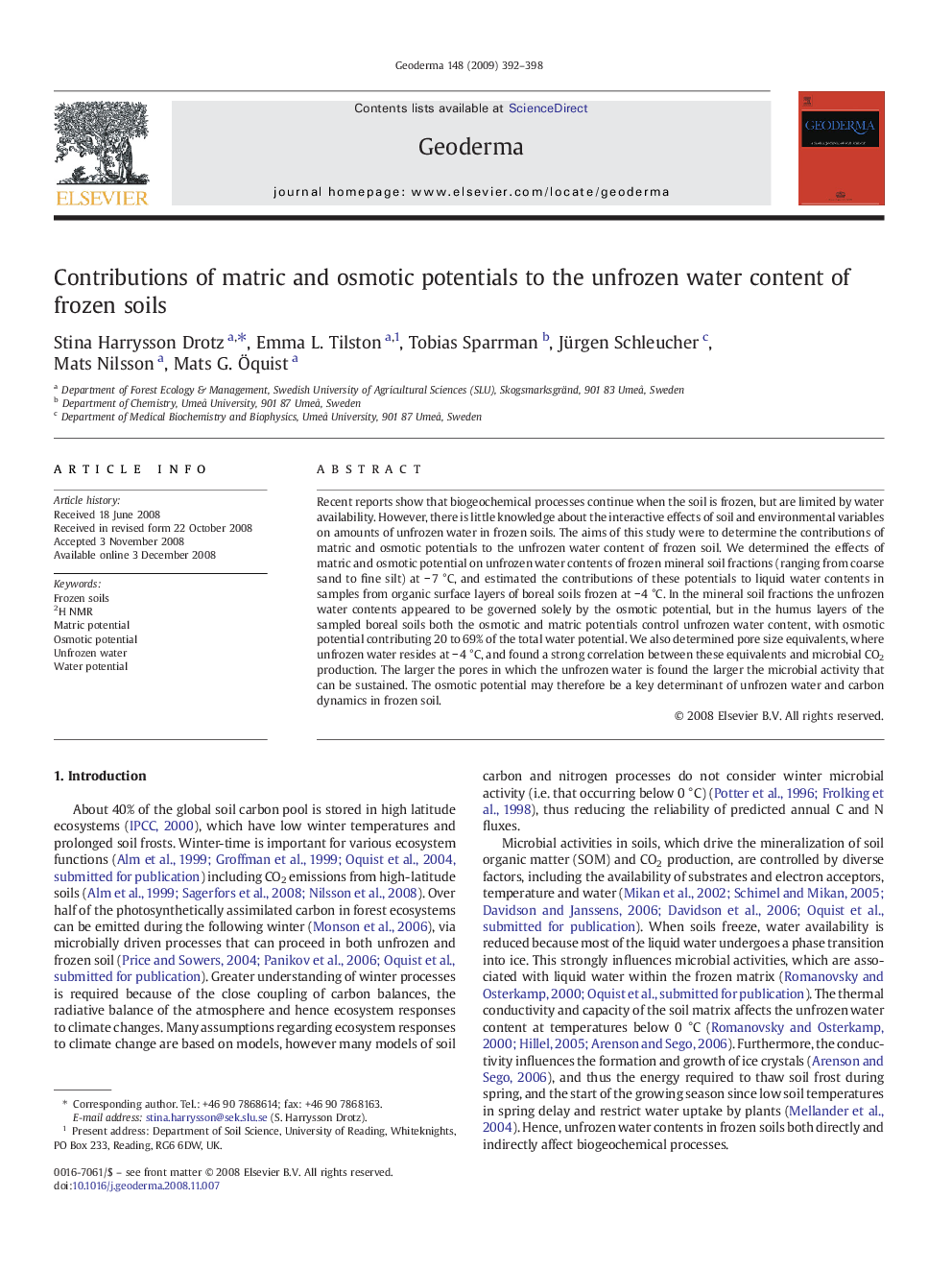 Contributions of matric and osmotic potentials to the unfrozen water content of frozen soils