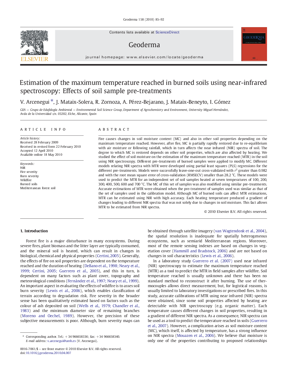 Estimation of the maximum temperature reached in burned soils using near-infrared spectroscopy: Effects of soil sample pre-treatments