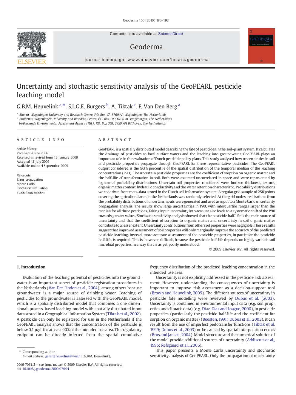 Uncertainty and stochastic sensitivity analysis of the GeoPEARL pesticide leaching model