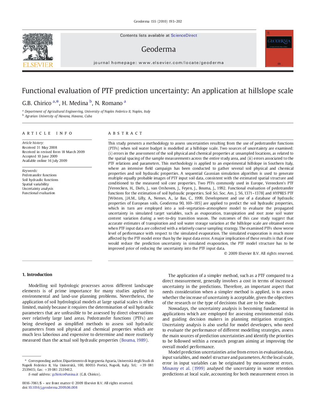 Functional evaluation of PTF prediction uncertainty: An application at hillslope scale